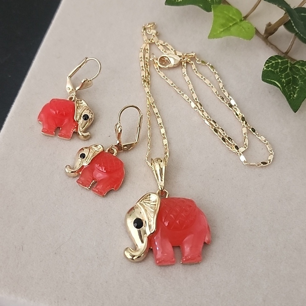 Gold Filled Necklace and Earrings Set Faux Red Jade Elephant